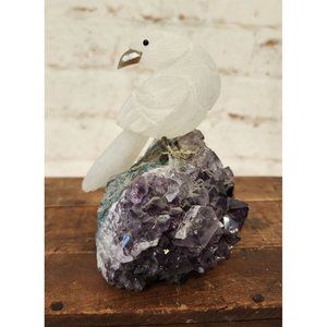 Hand Carved Stone Bird Figurine Purple Amethyst Geode Base 5.5"